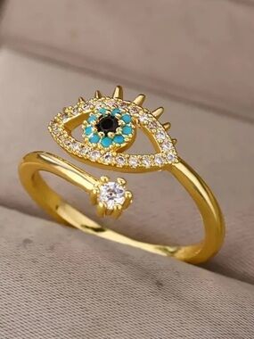 Gold-Tone Evil Eye Ring with Turquoise Accents